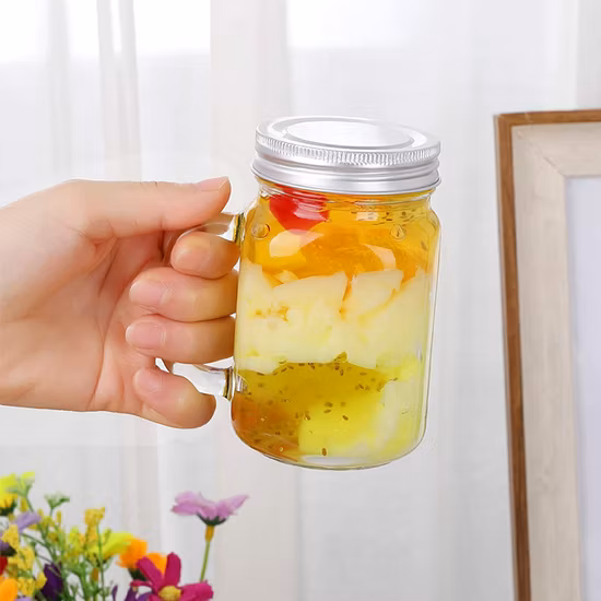 Tasse de pot Mason en verre carré de 8 oz avec poignée et couvercles argentés pour boire de la limonade, de la bière, des milkshakes, des smoothies, de la confiture
